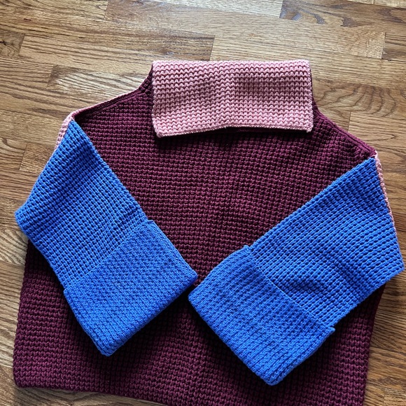 NWOT Free People Colorblock pink purple blue turtleneck knit sweater chunky - Picture 2 of 6